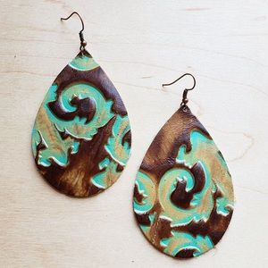 Leather Teardrop Earrings in King Turquoise Floral